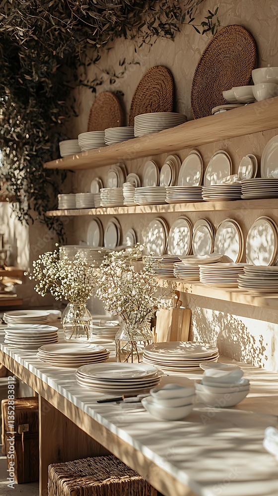 Fototapeta premium White Plates and Bowls on Wooden Shelves in Minimalist Kitchen