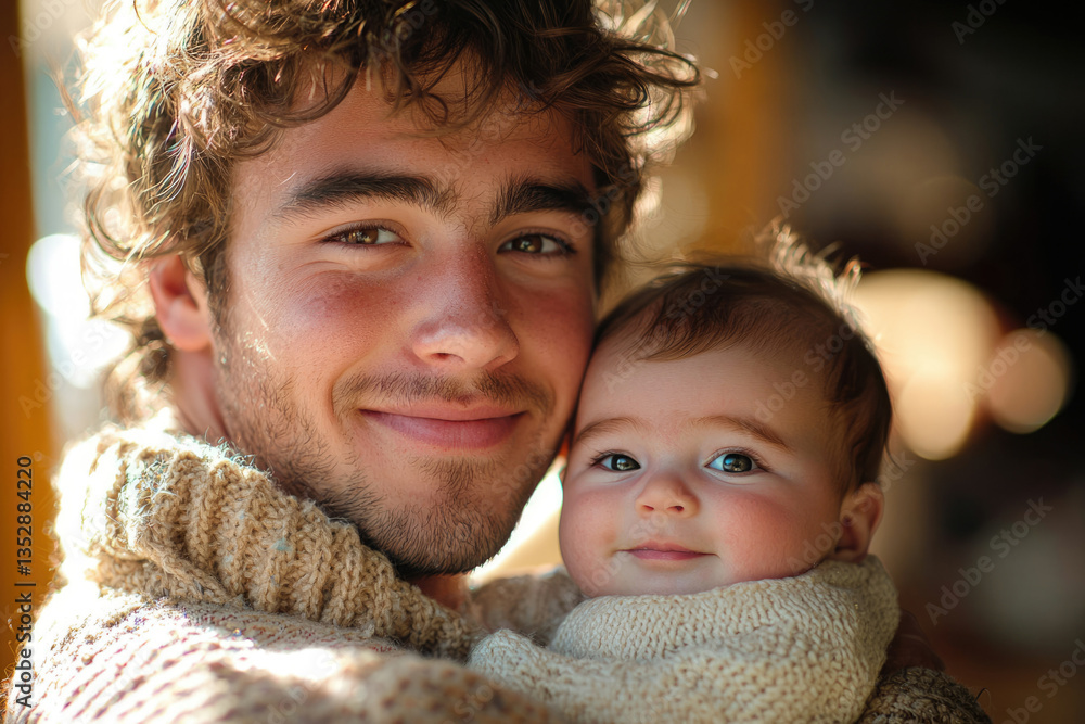 Obraz premium A young father lovingly embraces his infant child, a tender moment of paternal affection.