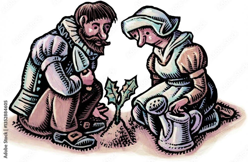 Fototapeta premium two pilgrims or early colonial couple look at small sprouting oak tree between them