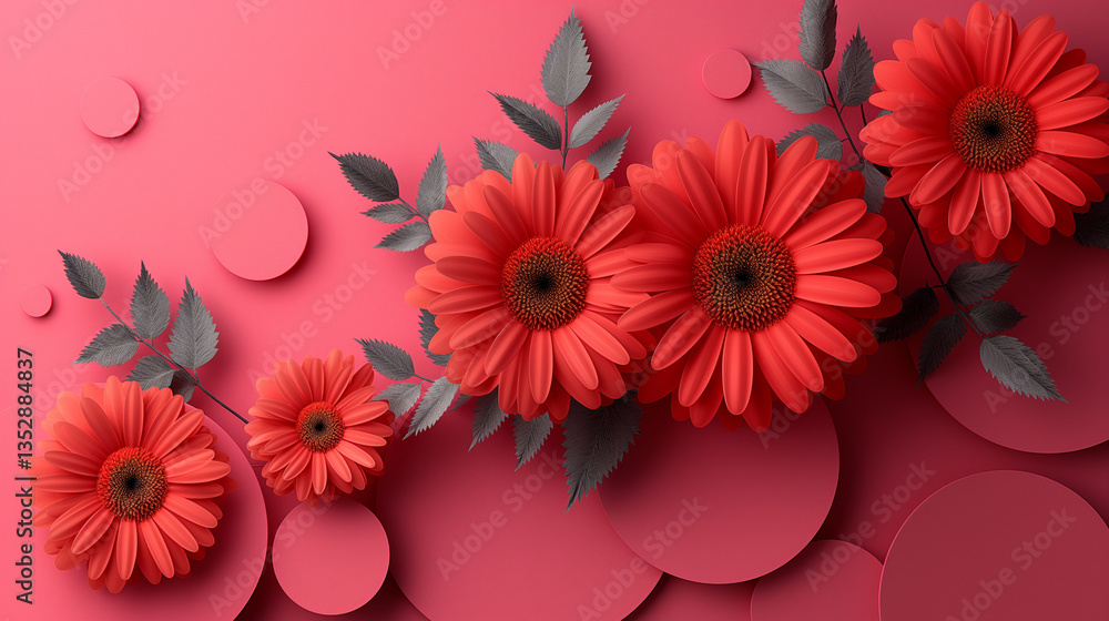 Fototapeta premium 3D Floral Composition with Red Gerbera Daisies on Abstract Background