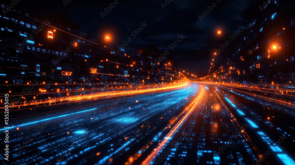 Futuristic highway at night with glowing digital data streams. Futuristic highway at night with glowing digital data streams.