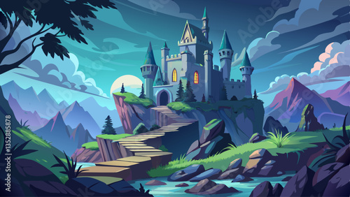 Abandoned Gothic Castle on Rocky Hill. Mysterious Haunted Mansion, Medieval Fortress, Enchanted Ruins, Eerie Fairytale Palace, Hidden Forest Estate, Fantasy