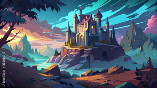 Abandoned Gothic Castle on Rocky Hill. Mysterious Haunted Mansion, Medieval Fortress, Enchanted Ruins, Eerie Fairytale Palace, Hidden Forest Estate, Fantasy