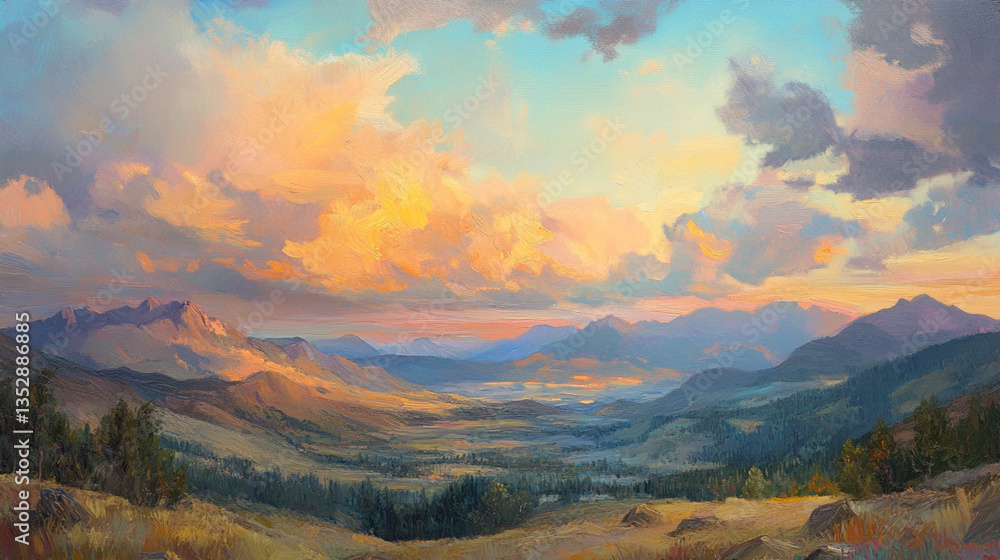 Vibrant sunset over a serene valley with mountains in the background, evoking tranquility and nature's beauty Vibrant sunset over a serene valley with mountains in the background, evoking tranquility and nature's beauty