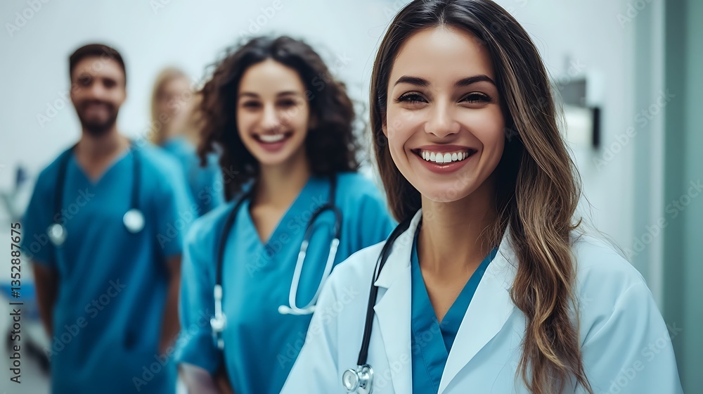 Friendly medical team smiles. A group of diverse healthcare professionals wearing scrubs and lab coats stand in a modern medical facility. Friendly medical team smiles. A group of diverse healthcare professionals wearing scrubs and lab coats stand in a modern medical facility.