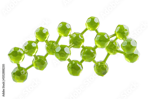 Green molecular structure with faceted, glossy spheres connected by thin rods isolated on transparent background. 3D model symbolizes science, chemistry, technology and innovation