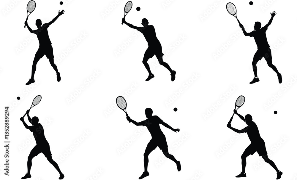 custom made wallpaper toronto digitalSix black silhouettes of tennis players in various action poses on white background