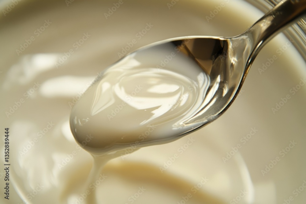 A spoonful of creamy, smooth yogurt, showcasing its texture and consistency. A spoonful of creamy, smooth yogurt, showcasing its texture and consistency.
