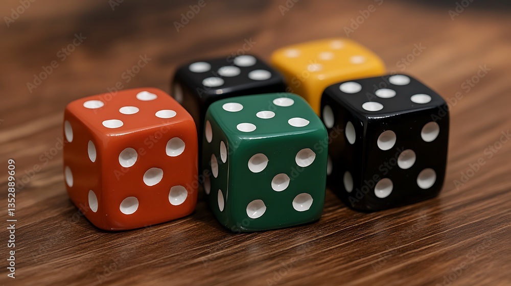 Colorful Dice on Wooden Table. Colorful Dice on Wooden Table.