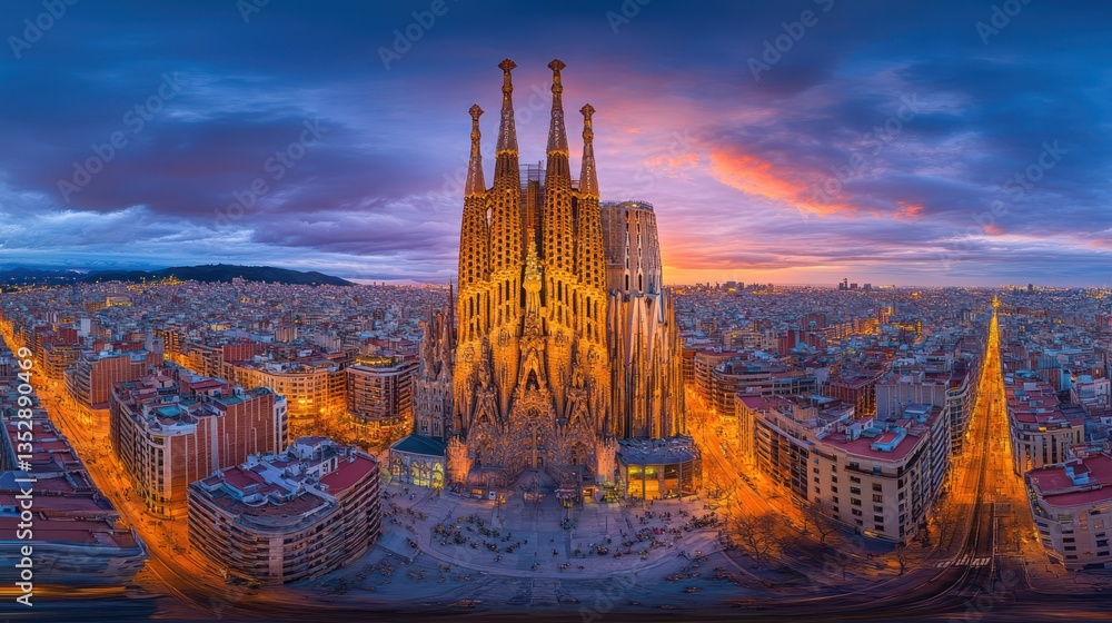 Naklejka premium Sagrada Familia sunset aerial panorama, Barcelona cityscape, twilight