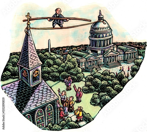 priest walks tightrope between the dome of the capitol and a church steeple