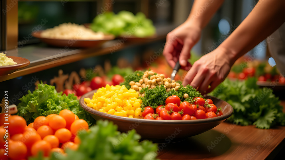 A lively salad bar where hands mix fresh ingredients. Gold accents and warm lighting create a healthy, elegant atmosphere. A lively salad bar where hands mix fresh ingredients. Gold accents and warm lighting create a healthy, elegant atmosphere.