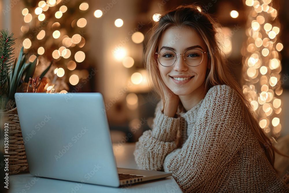 Smiling woman in glasses works on laptop during cozy Christmas evening. Smiling woman in glasses works on laptop during cozy Christmas evening.