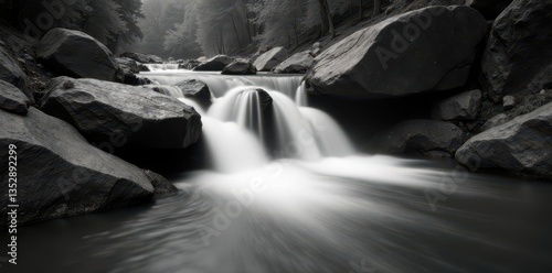 Satin waterfall cascades over polished river stones Monochromatic long exposure , white, outdoor