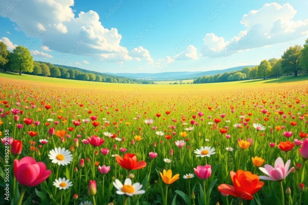 Fototapeta premium Vast spring meadow, vibrant blooms panoramic view, clouds, springtime