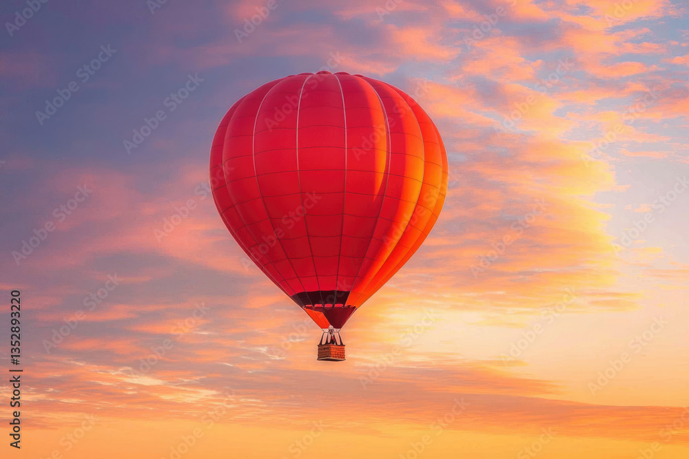 Fototapeta premium A vibrant red hot air balloon gracefully floats against a breathtaking sunset sky.