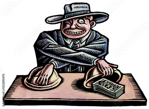 Canvastavla smiling con man in suit and hat playing a shell game, revealing the money under one shell