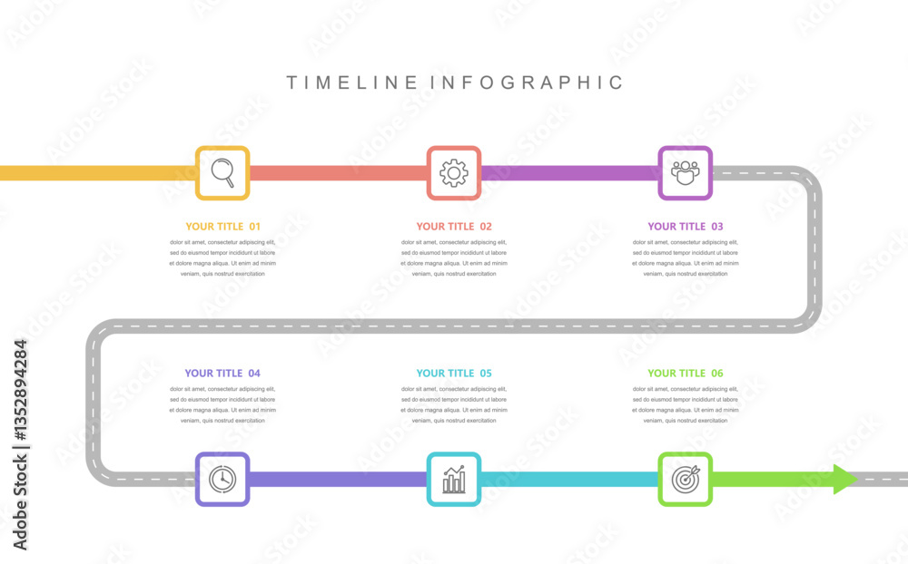 Obraz premium Business road map timeline infographic concept. with icons and 6 options, workflow layout, diagram, report, web design. Creative, vector, illustration.