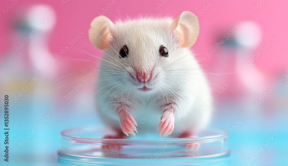 Fototapeta premium Mouse explores lab space. A curious white mouse stands on a glass petri dish in a vibrant laboratory, surrounded by various lab equipment.