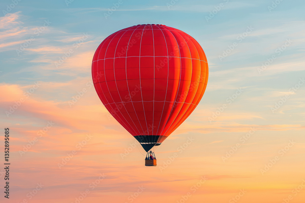 Fototapeta premium A vibrant red hot air balloon gracefully floats against a breathtaking sunset sky.
