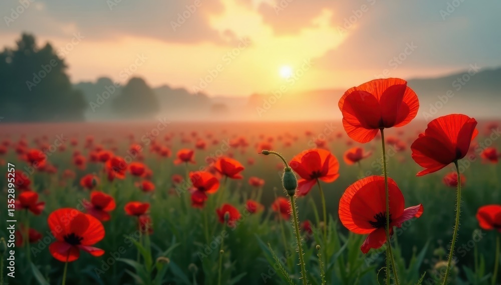 Fototapeta premium Misty dawn, vibrant red poppies swaying gently , countryside, scenic