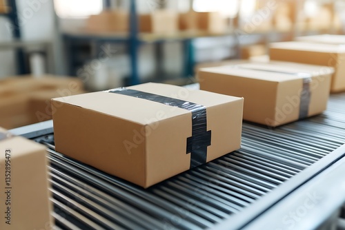 Cardboard boxes being conveyed along an automated assembly line
