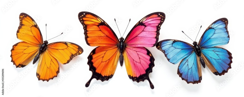 Obraz premium Vibrant butterflies, assorted species, isolated on pure white background , collection, illustration