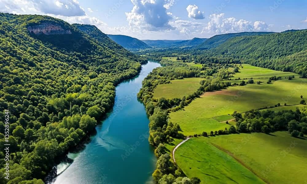 Aerial View of Serene River Valley in Lush Green Landscape Aerial View of Serene River Valley in Lush Green Landscape