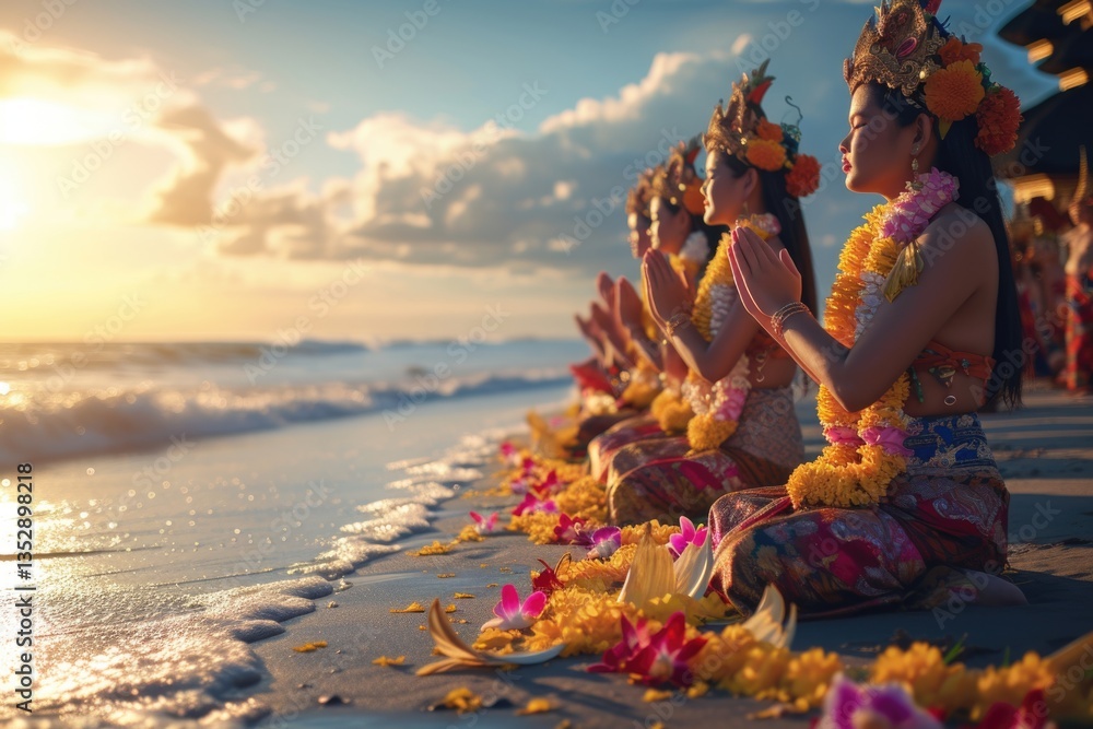 Balinese women in traditional attire perform a prayer ceremony on a beach at sunset.