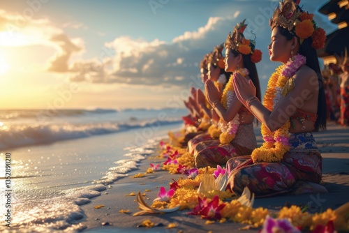 Obraz na płótnie Balinese women in traditional attire perform a prayer ceremony on a beach at sunset. w salonie