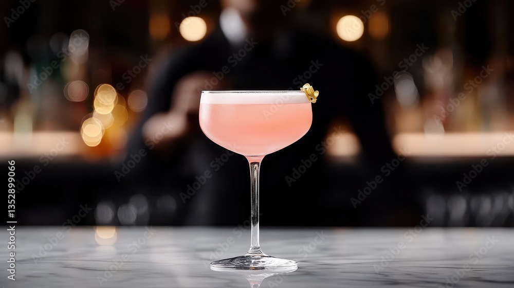 A trendy pink cocktail elegantly presented in a coupe glass, garnished beautifully and set against a backdrop of soft bokeh lights for a lively bar atmosphere.