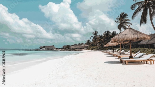 Pristine white sand beach, turquoise water, and tropical palm trees.  Relaxing beachside huts and sun loungers create a paradise setting