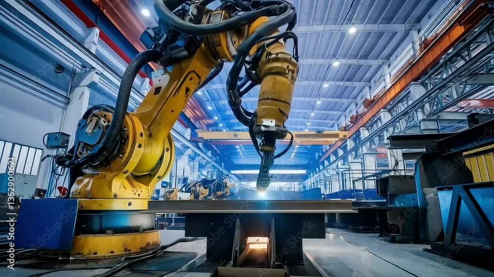 Robotic arm performing laser cutting on metal in a factory, automated manufacturing process, sparks flying Robotic arm performing laser cutting on metal in a factory, automated manufacturing process, sparks flying