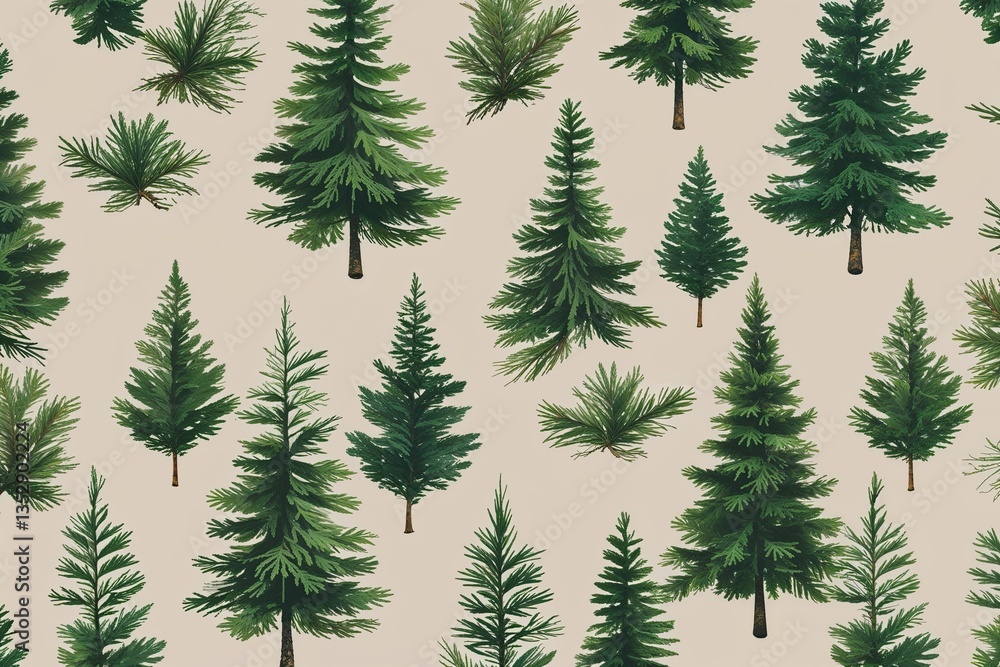 Obraz premium Rustic Green Pine Tree Design on Light Beige Background for Holiday Wrapping Paper and Home Decor Accents