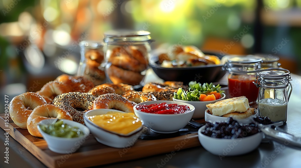Fresh bagels with vibrant vegetable toppings and sesame seed crust image Fresh bagels with vibrant vegetable toppings and sesame seed crust image