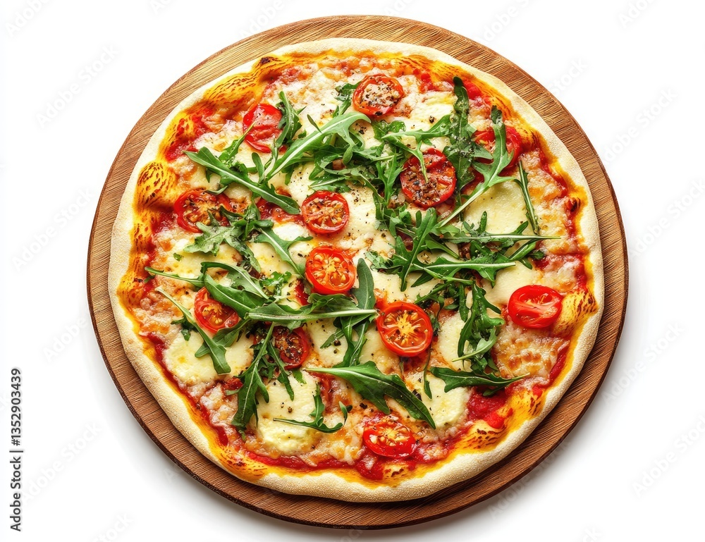 Delicious pizza with fresh arugula, cherry tomatoes, and mozzarella cheese on a wooden board Delicious pizza with fresh arugula, cherry tomatoes, and mozzarella cheese on a wooden board