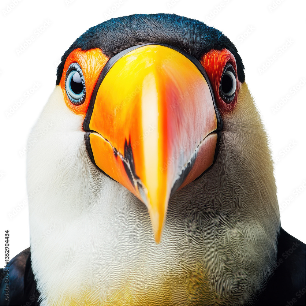 Fototapeta premium Vibrant toucan face with striking colors on a clean Transparent background, Toucan face on PNG background