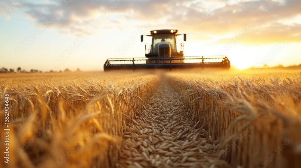 Fototapeta premium A tractor moving through golden wheat field captures the breathtaking beauty of nature during sunset, highlighting the hard work involved in farming and the serenity it brings.