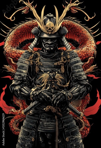 Wallpaper Mural A stoic samurai warrior stands before a red mythical dragon background Torontodigital.ca