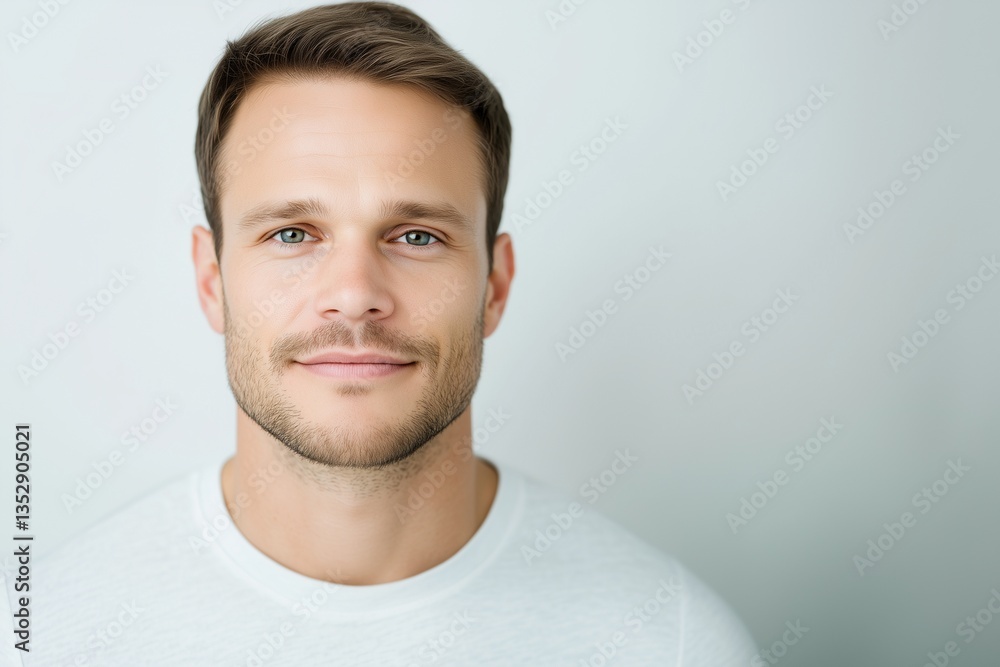 Obraz premium Smiling young white man with short hair in white shirt