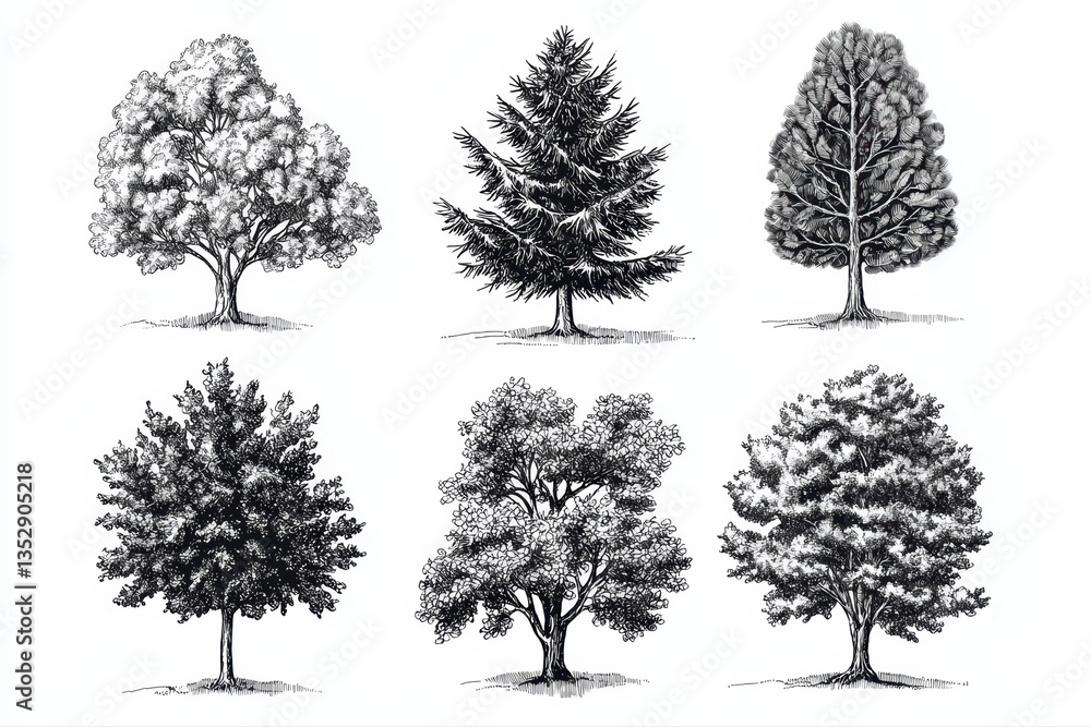 Fototapeta premium Various types of hand-drawn trees in black and white