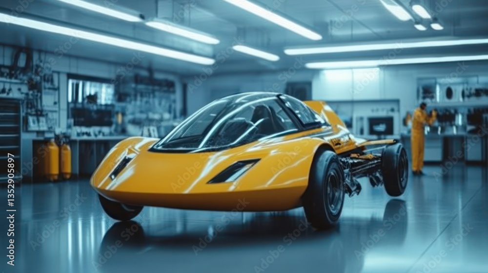Futuristic yellow car in modern workshop, technician working Futuristic yellow car in modern workshop, technician working