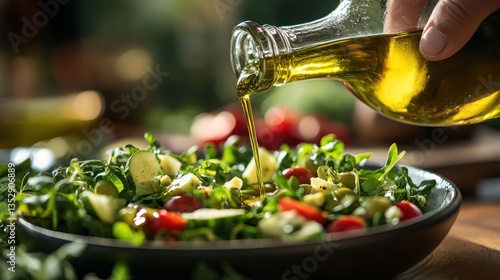 Olive oil poured on fresh salad, kitchen setting