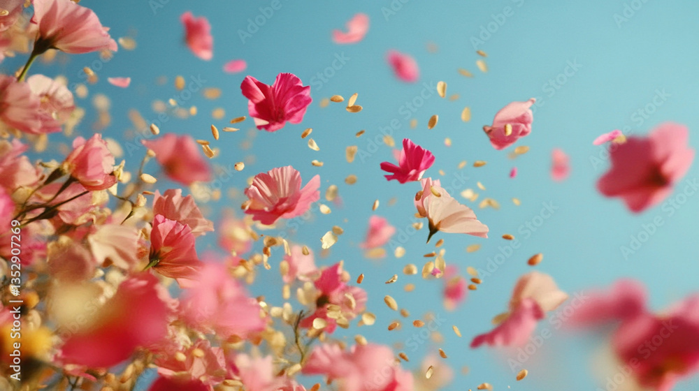 A vibrant display of pink flowers in full bloom with petals drifting in a bright blue sky background A vibrant display of pink flowers in full bloom with petals drifting in a bright blue sky background
