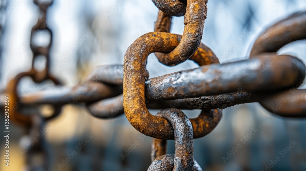 Rusty chain links outdoors, blurred background, industrial texture, security concept Rusty chain links outdoors, blurred background, industrial texture, security concept