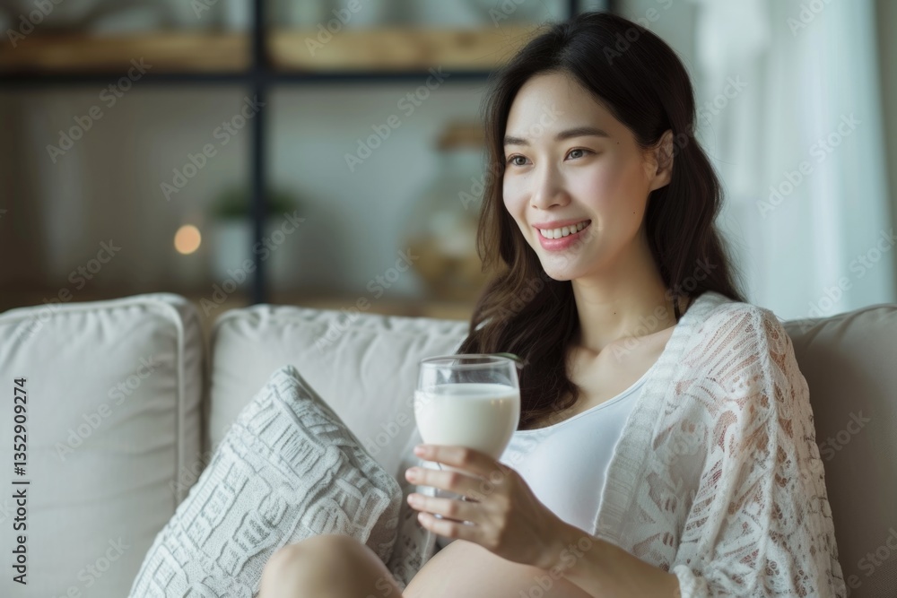A pregnant woman relaxes on a couch, enjoying a glass of milk. A pregnant woman relaxes on a couch, enjoying a glass of milk.