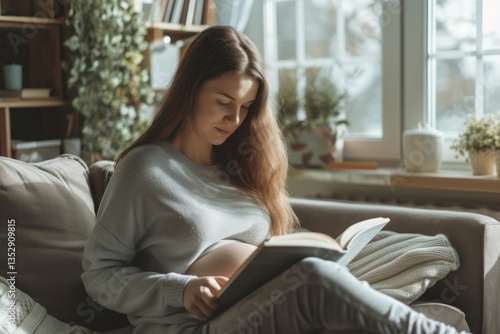 Free Download Pregnant woman peacefully reads a book on a cozy sofa bathed in sunlight. - GFXLoad