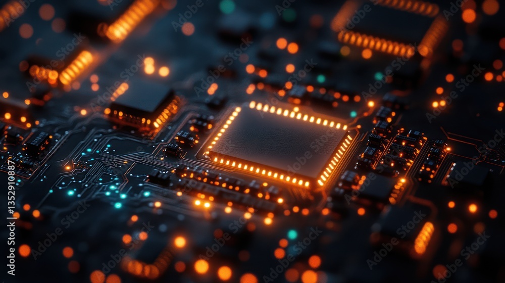 Close-up of illuminated circuit board with central processor. (1) Close-up of illuminated circuit board with central processor. (1)