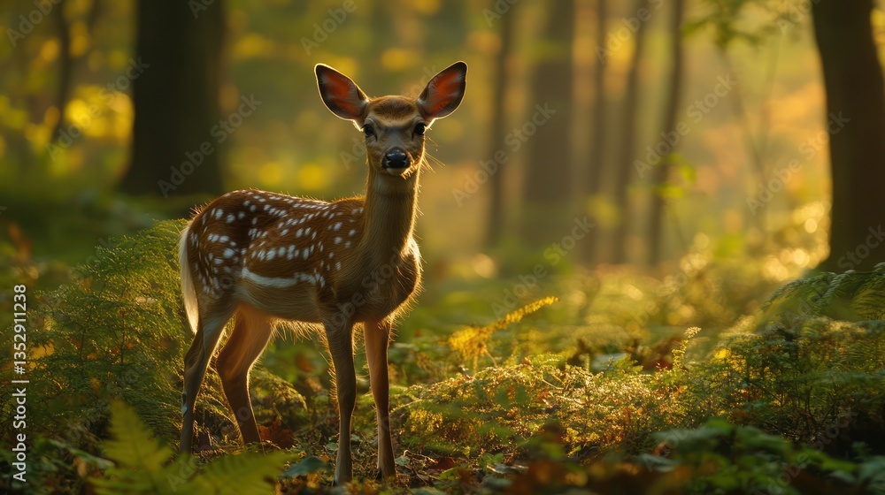 Fawn standing in autumn forest sunlight, ferns, wildlife poster Fawn standing in autumn forest sunlight, ferns, wildlife poster