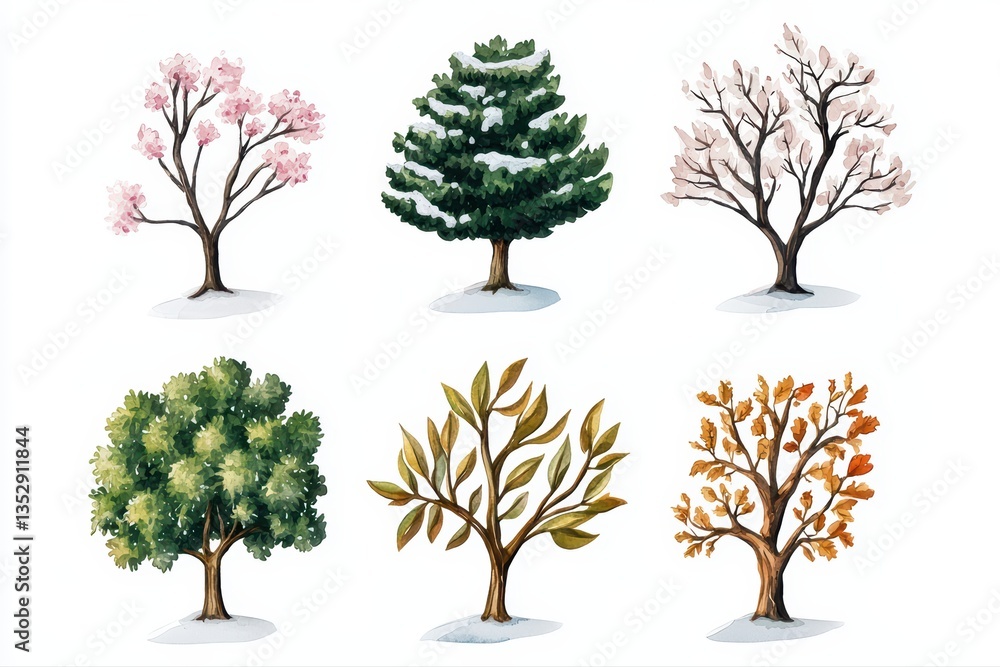 Naklejka premium Seasonal trees illustrated in vibrant watercolor style
